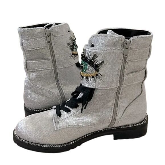 Kurt Geiger London Sutton Silver Velvet Leather Eye Embellished Combat Boots 10 - Picture 3 of 8
